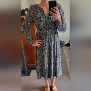 Loft long-sleeve midi dress, navy and floral print, 0 Petite